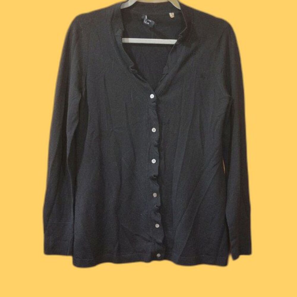 Elie Tahari Nordstrom Black Wool Ruffle Cardigan Sweater Medium